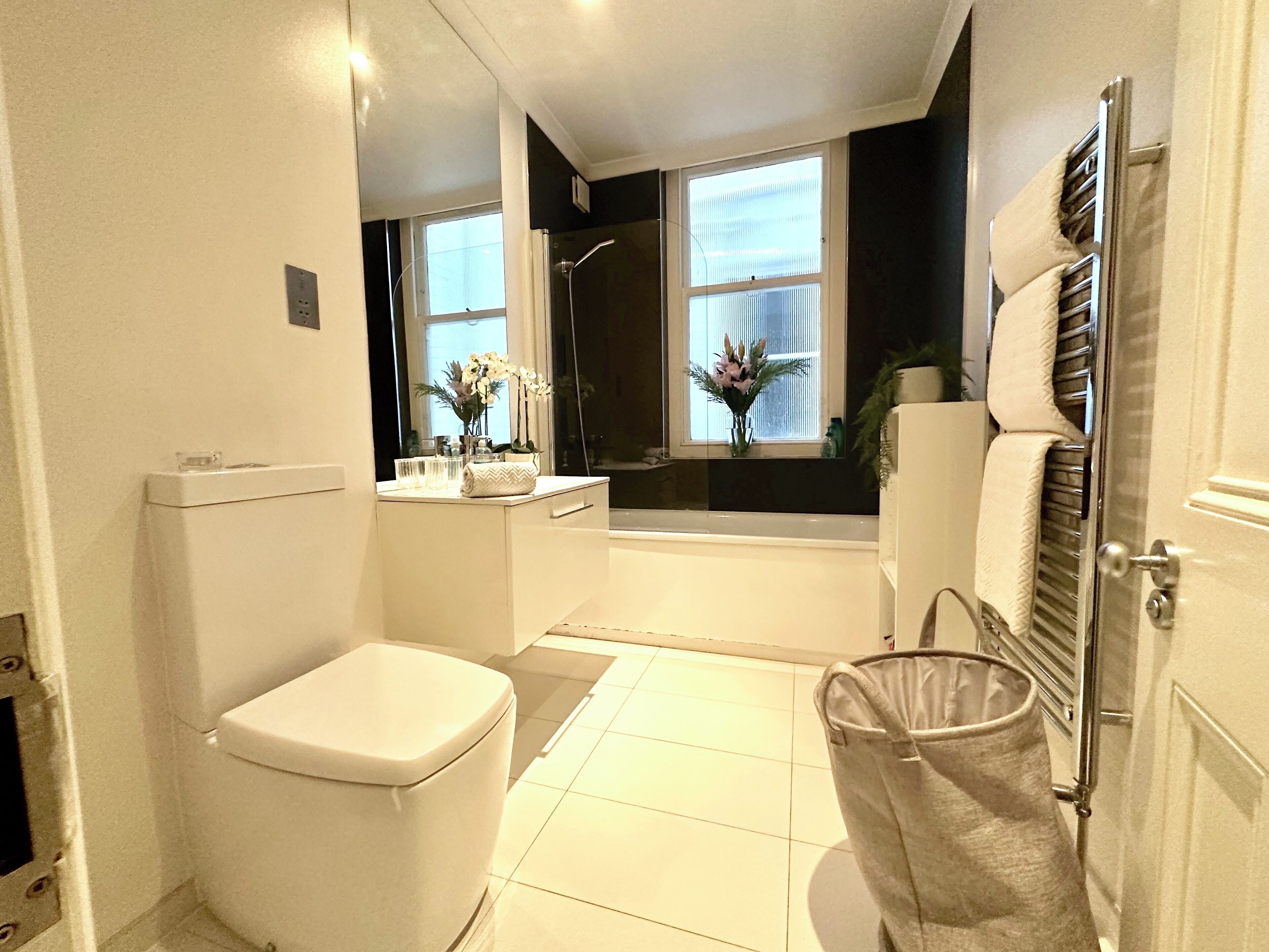 Hair dryer, towels, soap, shampoo