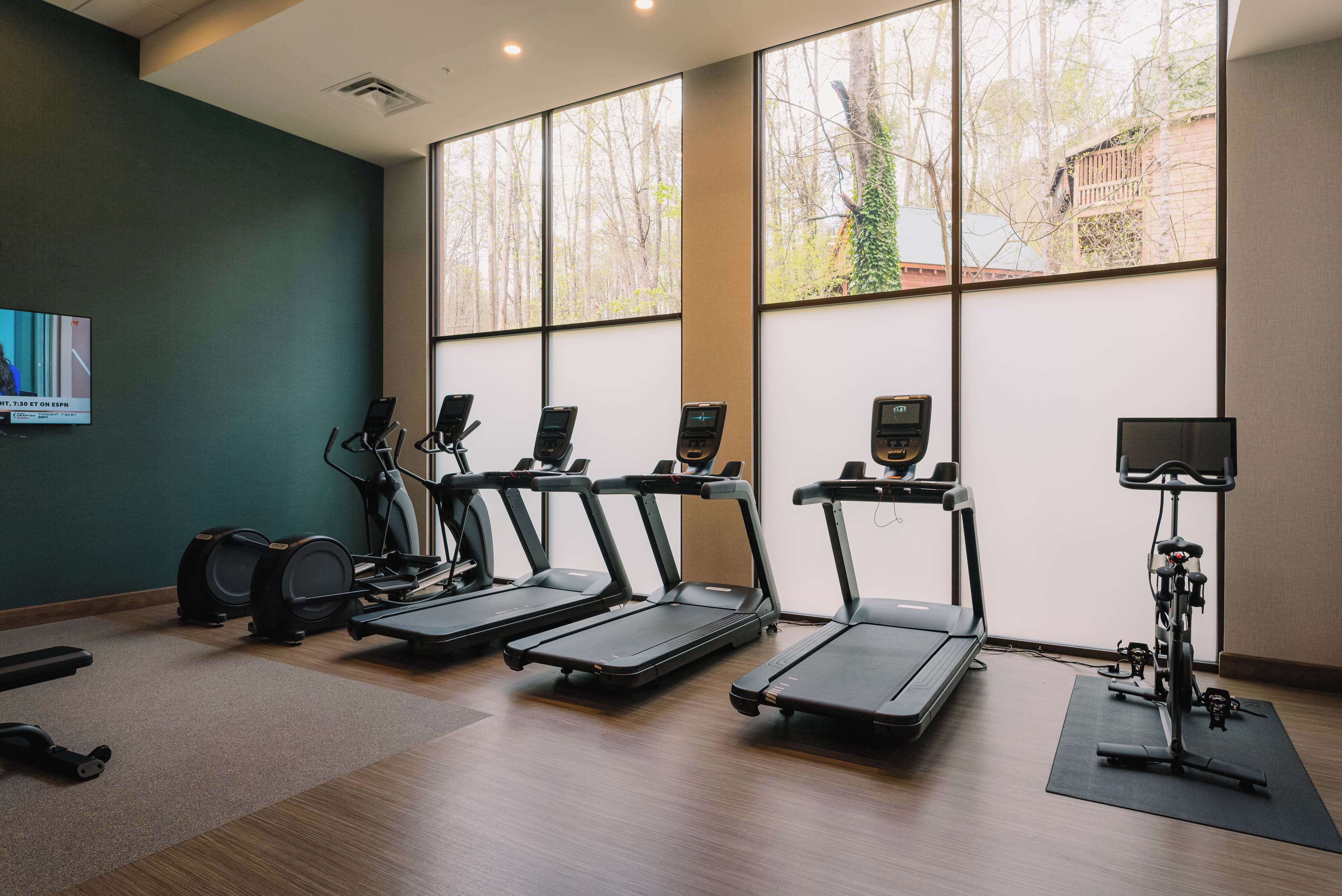 A gym with treadmills, elliptical machines, and stationary bikes.