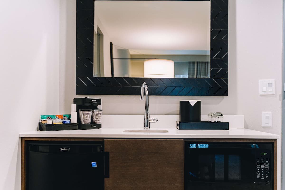 A modern bathroom with a sink, mirror, coffee maker, and built-in dishwasher and microwave.