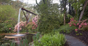 Stroll through a serene garden with a central pond and small waterfall, surrounded by lush flowering plants and a stone pathway.