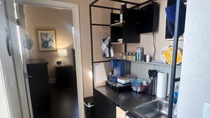 A compact kitchen with a black countertop, a stainless steel sink, and a black shelving unit. - Lake-Themed Private Guest Suite Gated Community Pet Friendly Near I-4 (Plant City)