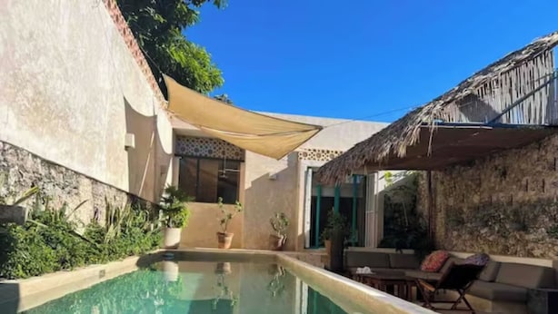 Une piscine dotée d’une structure de toit en chaume, agrémentée de plantes en pot, sous un ciel d’un bleu limpide.
