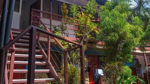 A staircase leading to a building with a view of the sky and a tree. - COSTA LINDA ART HOSTEL  (Quepos)