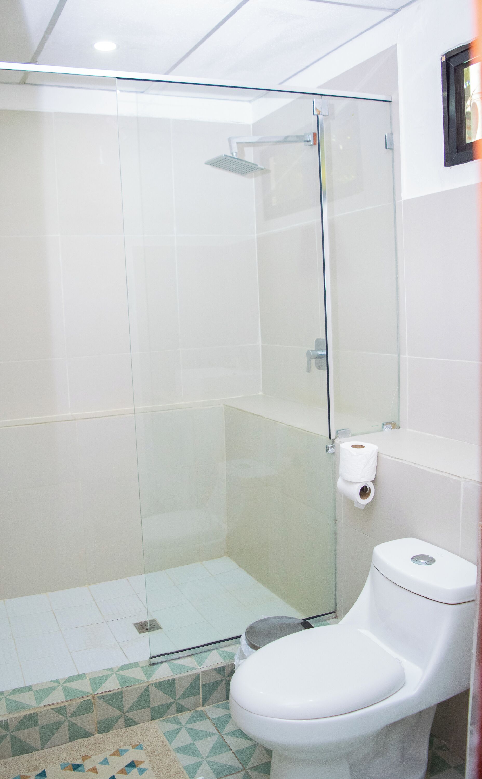 A bathroom with a glass-enclosed shower, a toilet, and patterned floor tiles.