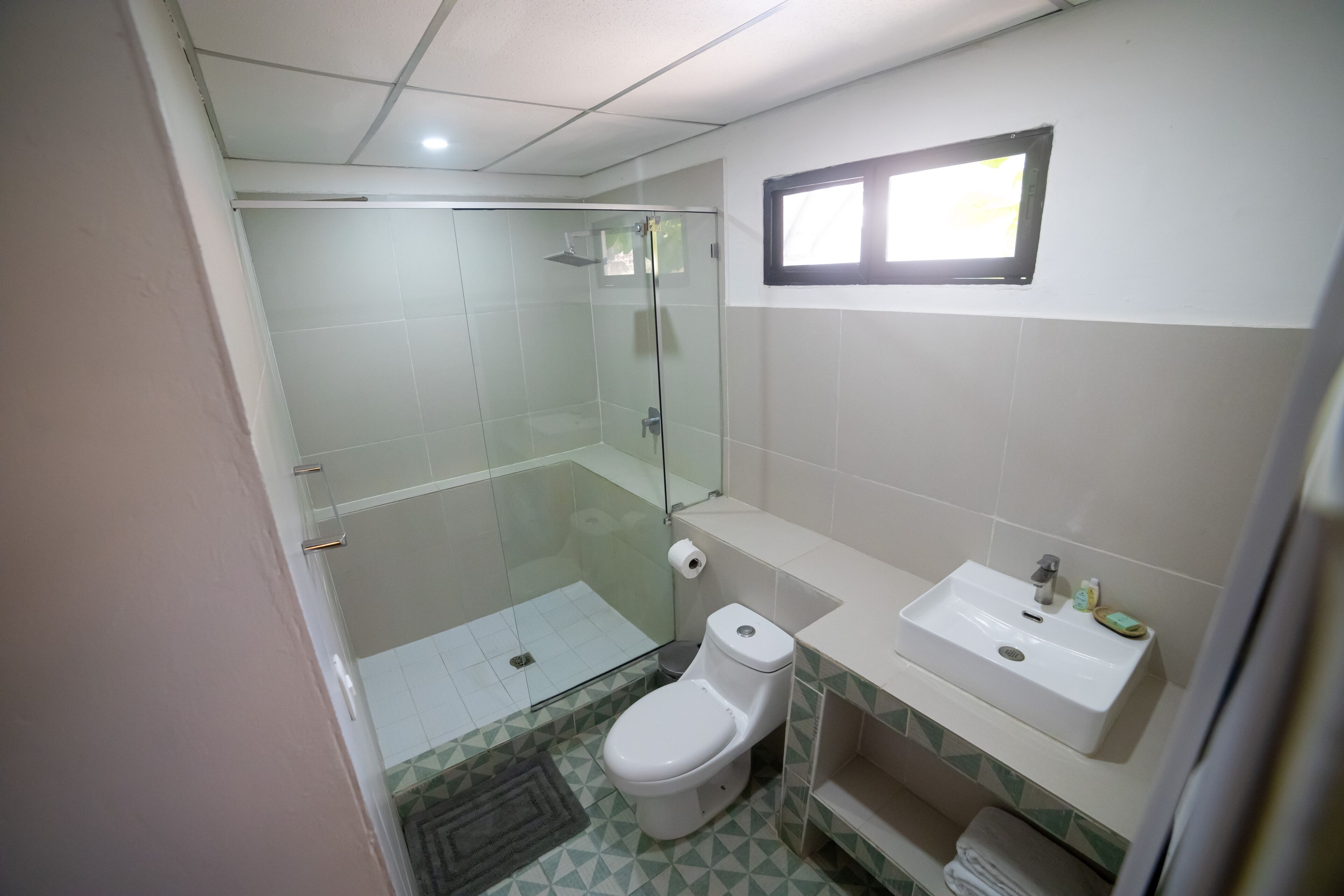 Une salle de bain avec une douche à parois de verre, des toilettes et un lavabo.