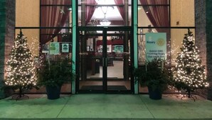Une entrée d’immeuble avec des portes vitrées, deux sapins de Noël en pot et une enseigne indiquant un club Rotary.