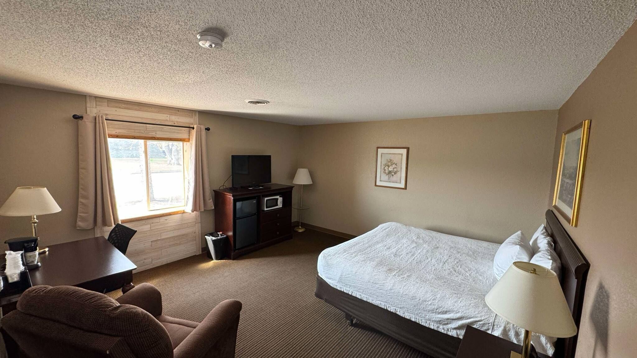 A hotel room with a bed, a desk, a chair, a TV, a lamp, and a picture on the wall.