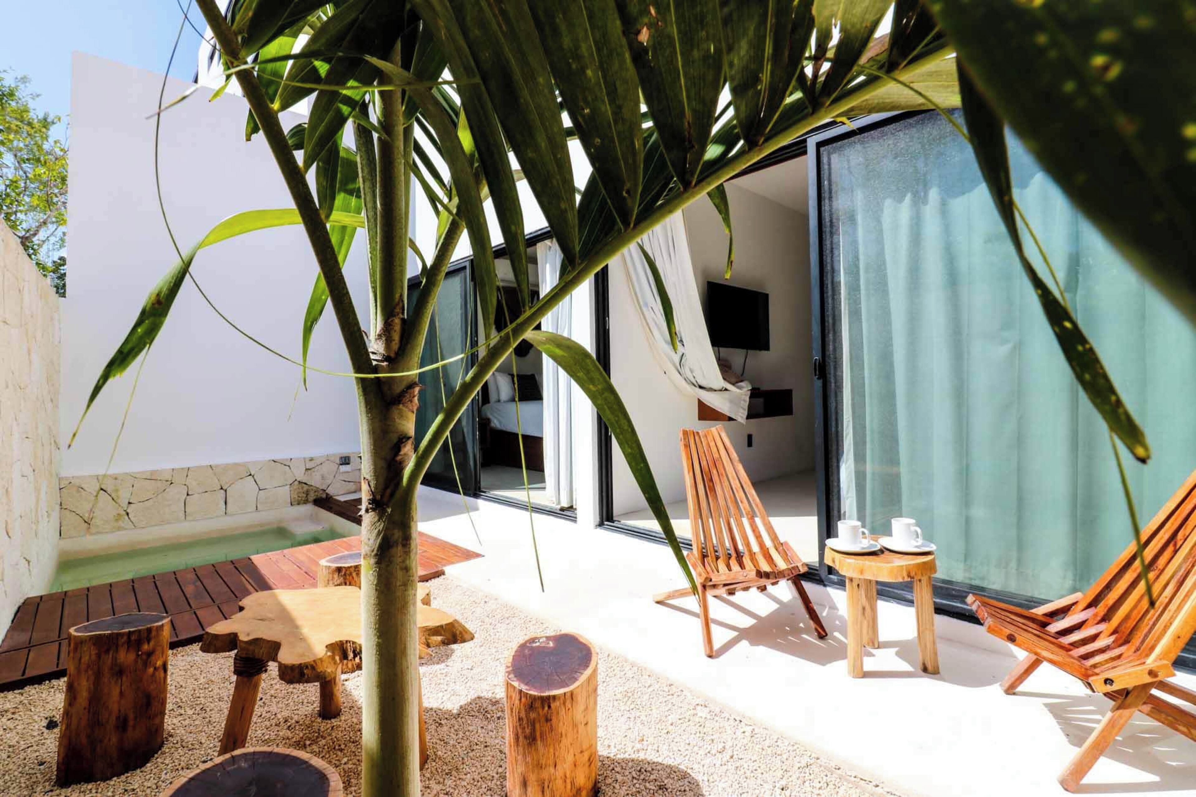 An outdoor seating area with wooden furniture, a small table, and a chair near a palm tree.