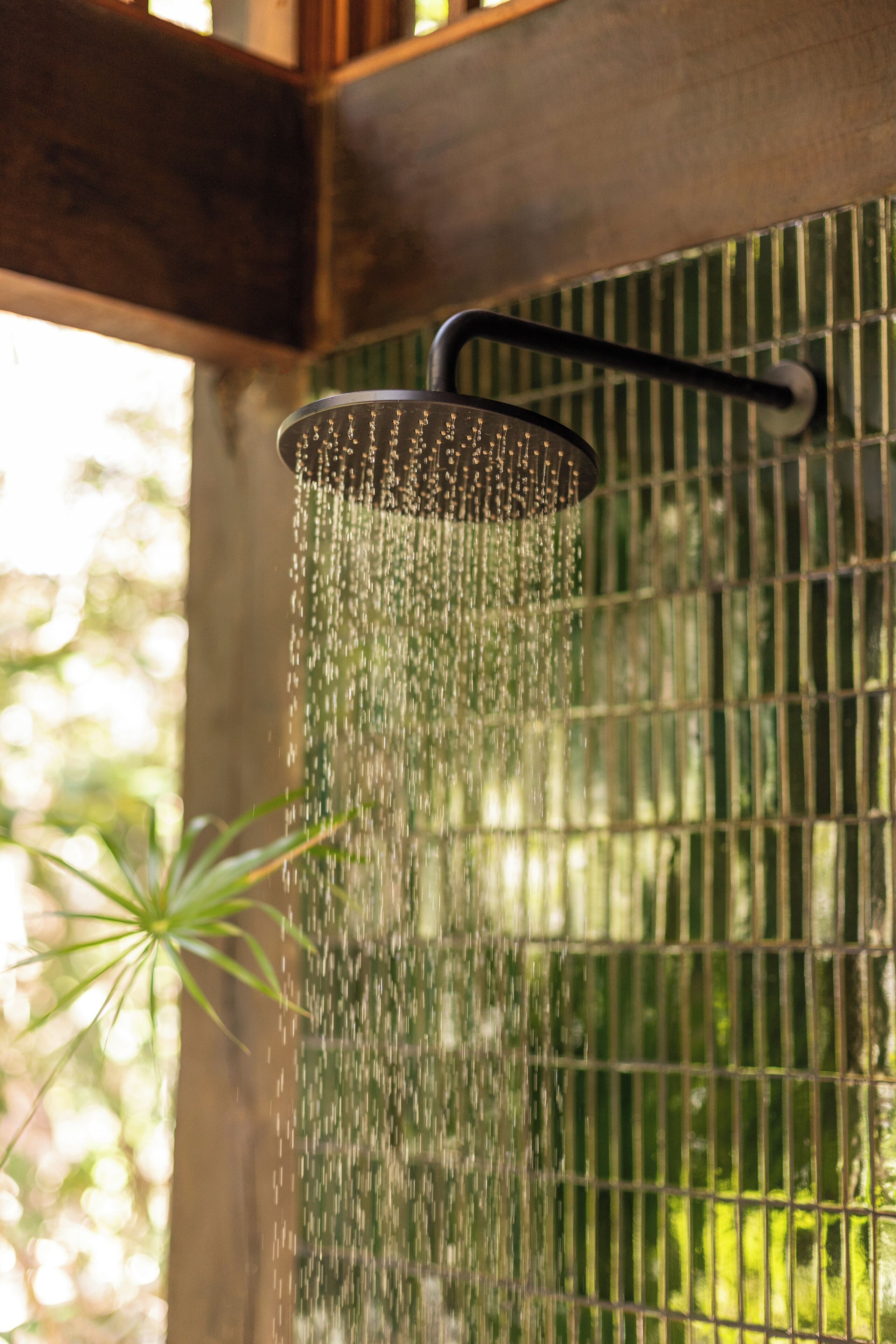 A showerhead with water flowing down.