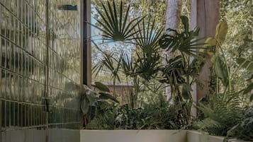 Habitación con vista a la vegetación a través de una ventana, un banco de azulejos y una estructura de techo de madera.