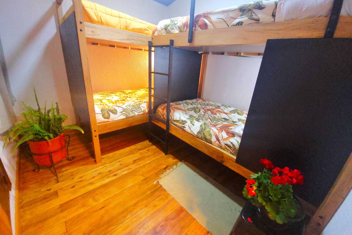 Una camera del dormitorio con due letti a castello, pavimento in legno, una pianta in vaso e un piccolo tavolo con fiori.