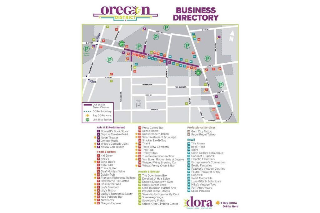 Eine Übersichtskarte des Oregon District mit verschiedenen Branchenkategorien und Standorten.