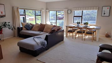 Smart TV, fireplace, DVD player, books