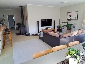 Una Smart TV, una chimenea, un reproductor de DVD, libros