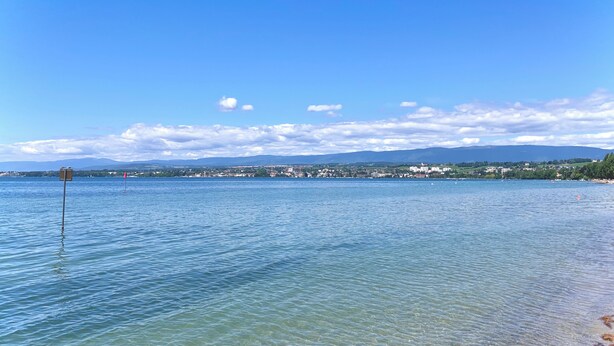 A clear view of a lake with a distant shoreline, a flag, and a buoy.