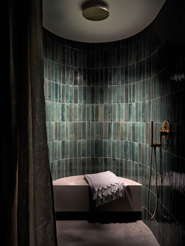 A modern bathroom with a curved shower area, a bathtub, and a towel rack.