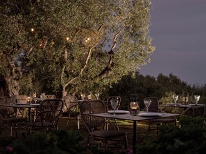 Un espace de restauration en plein air, avec des tables et des chaises disposées sous un grand arbre, le tout entouré de verdure.