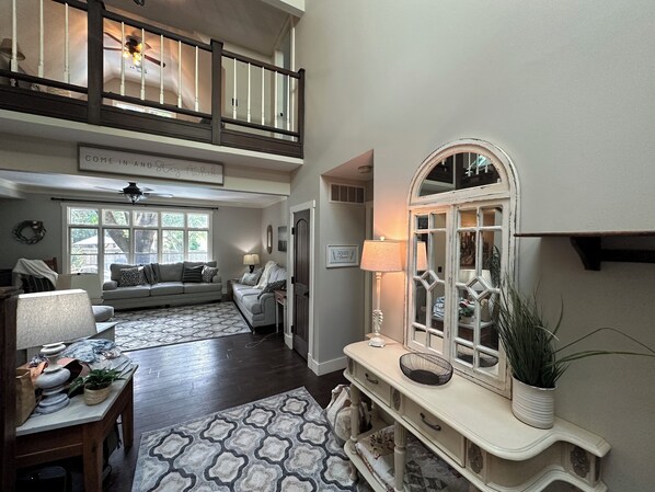 Smart TV, fireplace, foosball, books