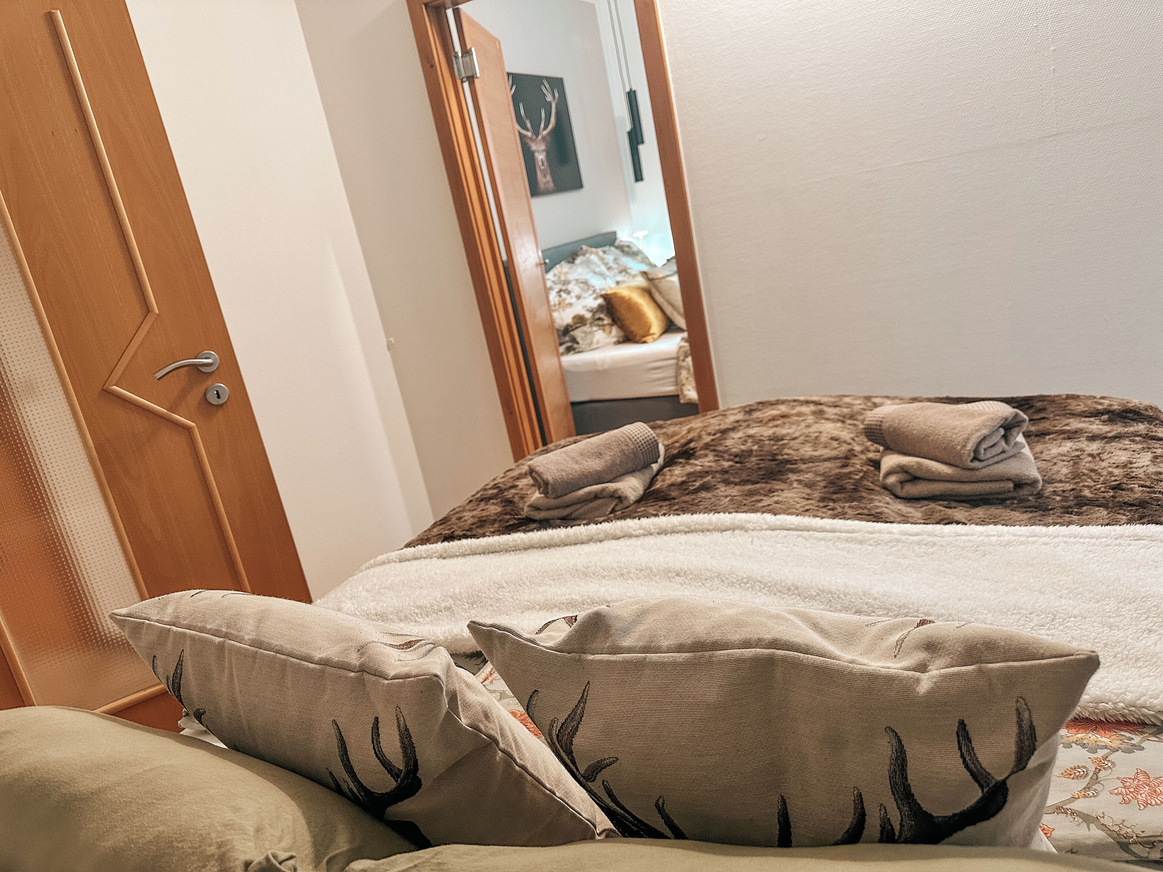 Ein Schlafzimmer mit Bett, Kissen, einer Tür und einem Spiegel, der einen Raum mit einem Bett und einer Katze zeigt.