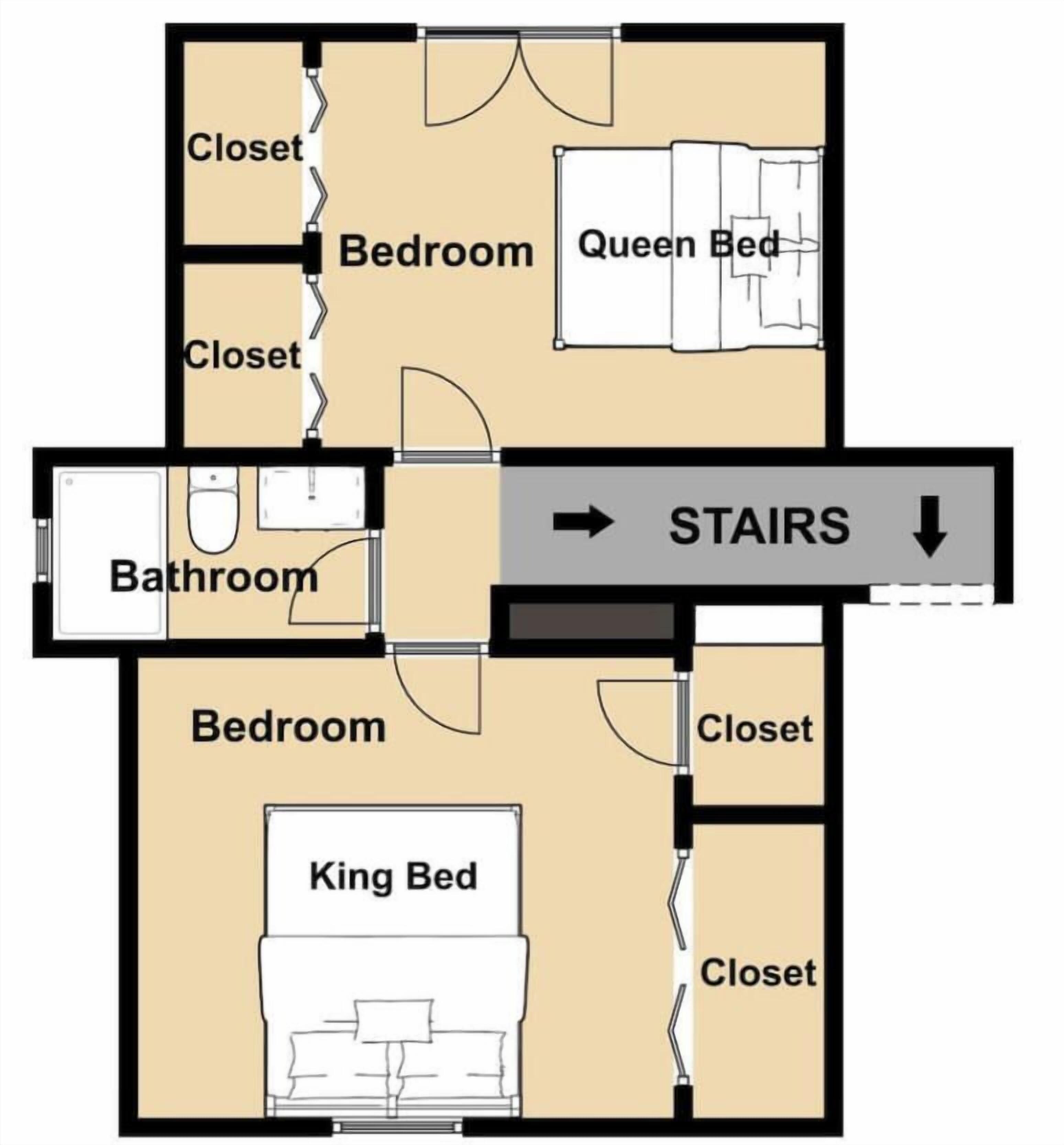 Een plattegrond met twee slaapkamers, een badkamer en twee inloopkasten.