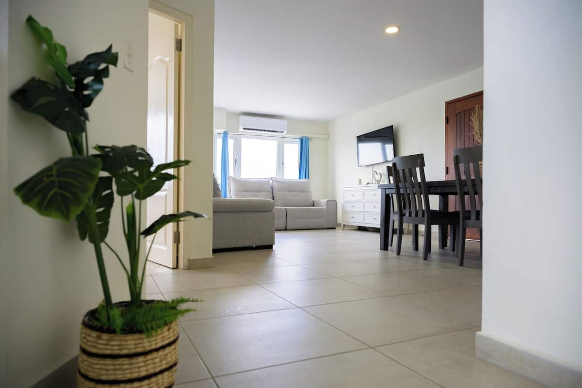 A modern living room with a sofa, a dining table with chairs, and a potted plant.