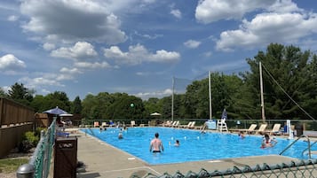 Indoor pool, seasonal outdoor pool, pool umbrellas, pool loungers
