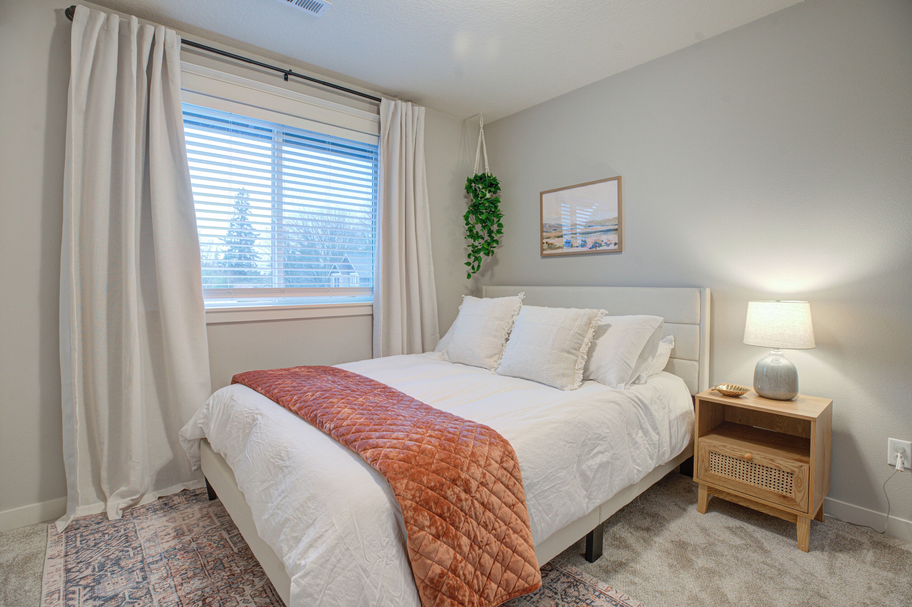 A bedroom with a bed, a bedside table with a lamp, a window with curtains, and a wall-mounted plant.