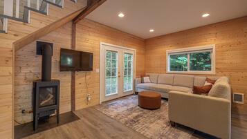 Smart TV, fireplace, books