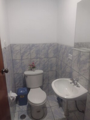 Casa de banho com sanita, lavatório e um contentor de lixo.