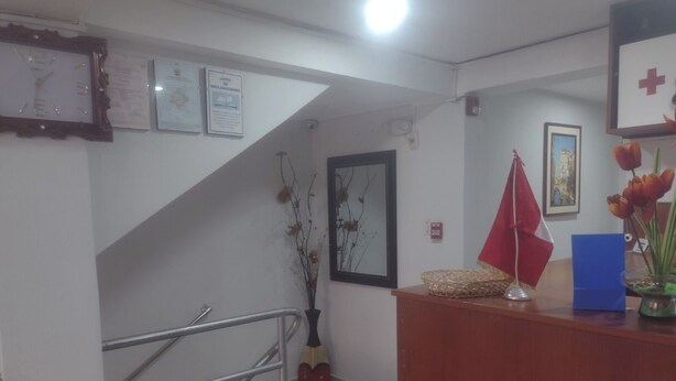 A reception area with a staircase, framed certificates, a vase with dried branches, a flag, and a framed picture on the wall. - C. Deán Valdivia 120 (Arequipa)