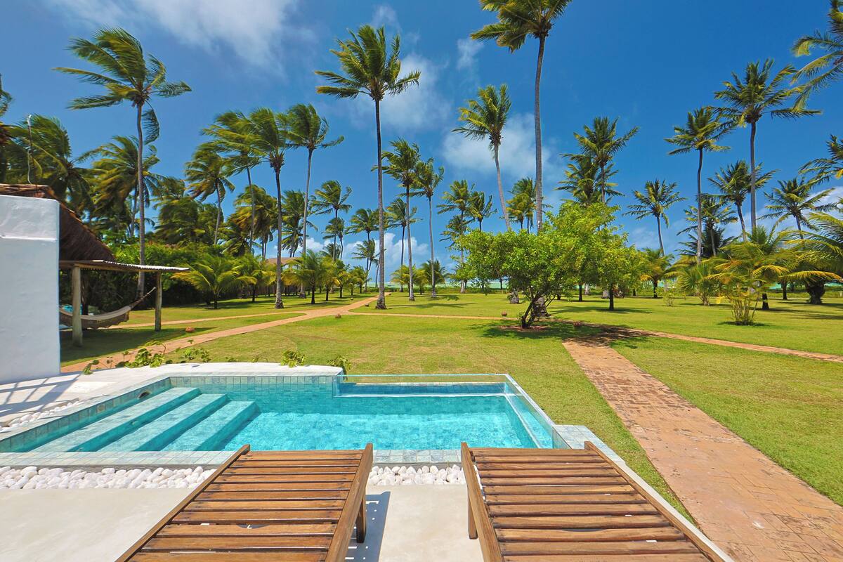 A swimming pool with wooden loungers, surrounded by palm trees and a grassy area.