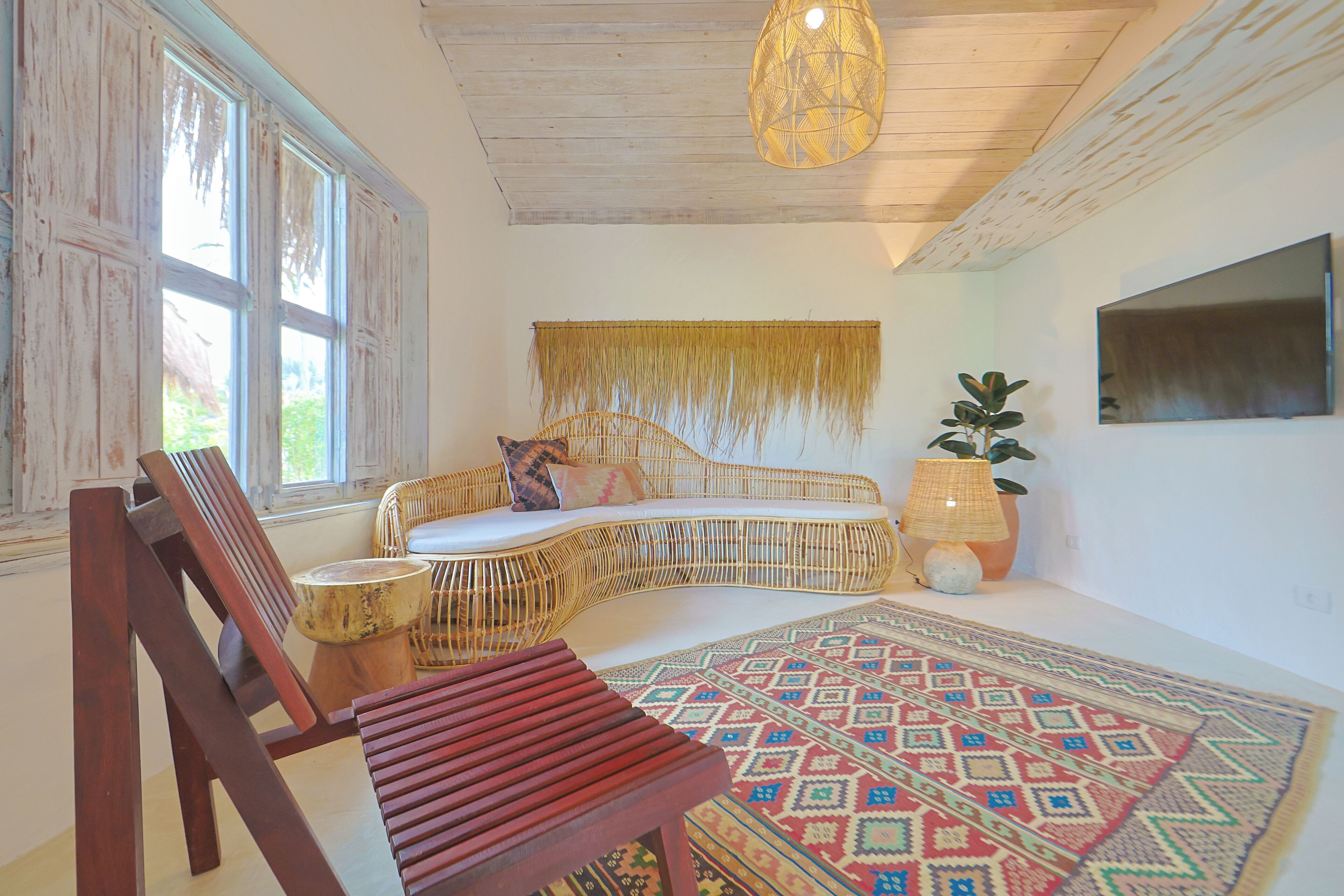Una habitación con un sofá tejido, una silla de madera, un tapete estampado, una lámpara colgante y una planta en maceta.