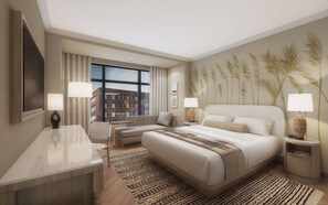 A hotel room with a bed, a desk, a chair, and a window with a city view. - The Benson Hotel and Faculty Club (Aurora)