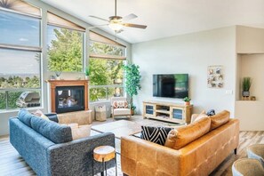 Smart TV, fireplace, video games, DVD player