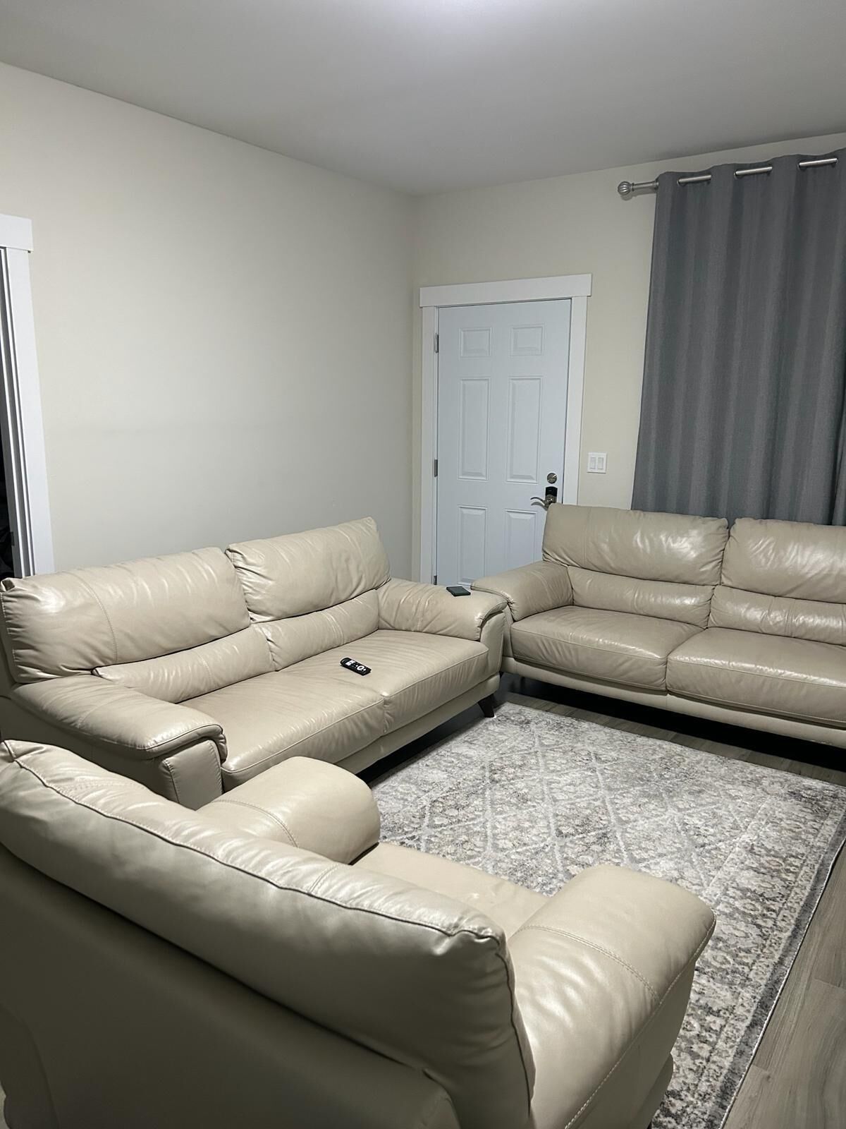 Un salon avec deux canapés en cuir beige, un tapis à motifs et une porte blanche avec un rideau gris.