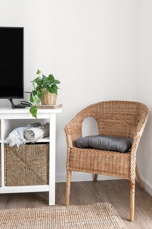 Relax in a serene space with a flat-screen TV, a cozy wicker chair, and a lush green plant.