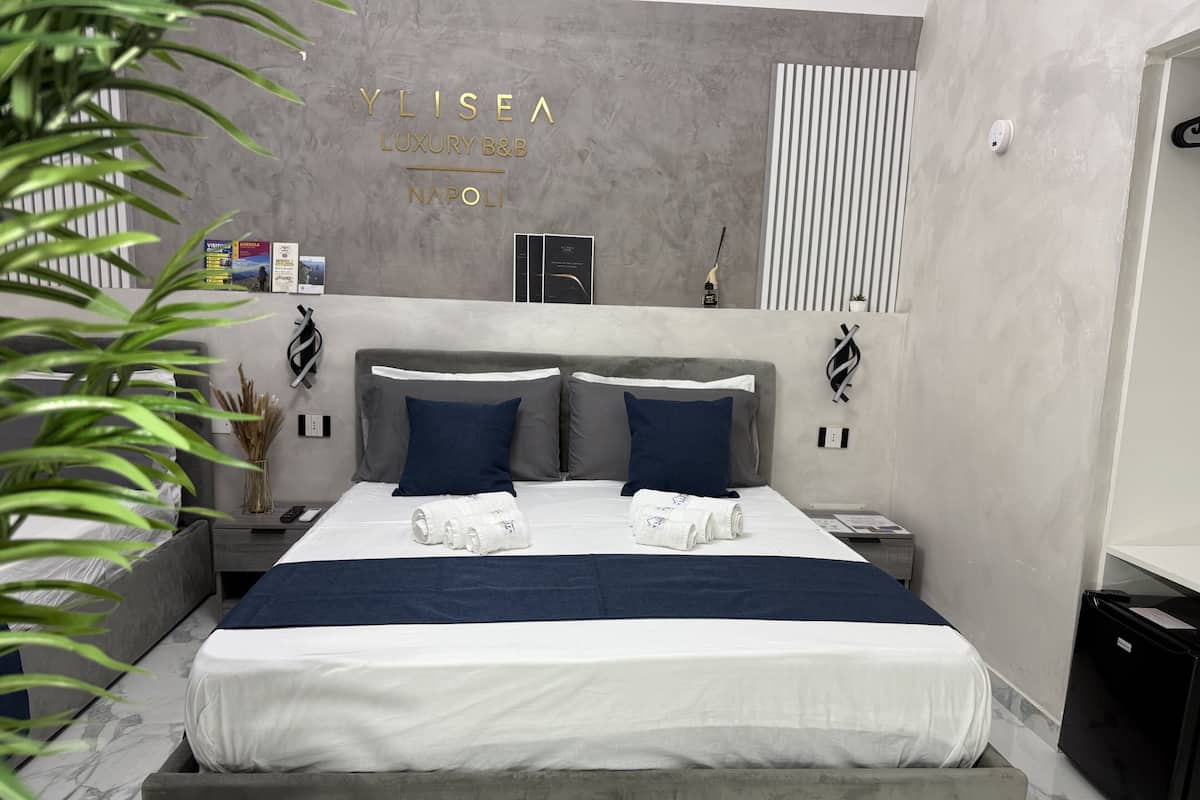 A modern hotel room with a grey concrete wall, a bed with white and blue bedding, and a sign reading "YLISEA LUXURY B&B NAPOLI".