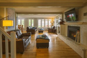 Smart TV, fireplace, books, music library