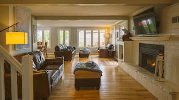 TV connectée, cheminée, livres, médiathèque