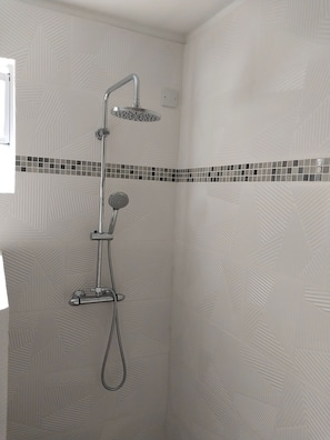Shower, towels, soap, toilet paper