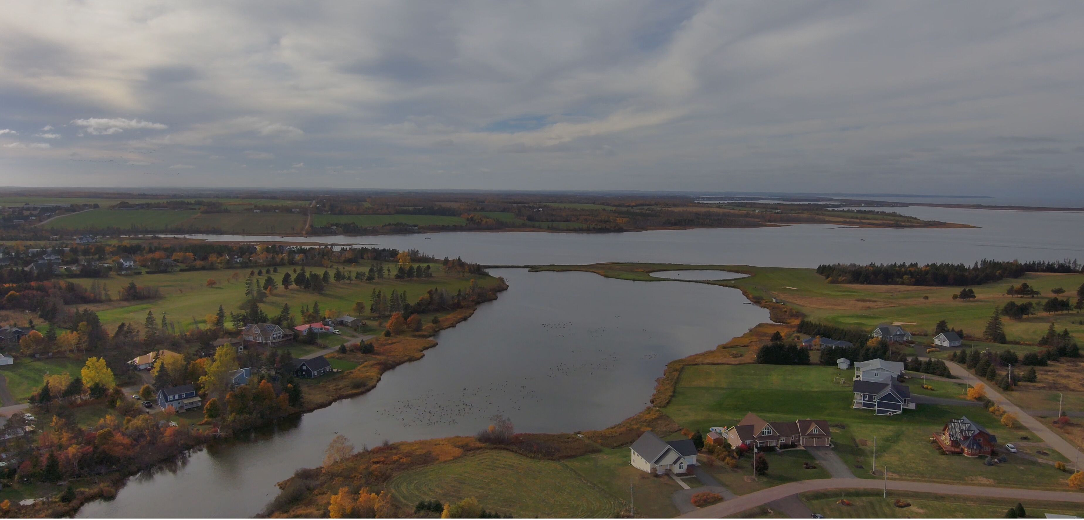An aerial view of a lakeside community with houses, roads, and a large body of water.