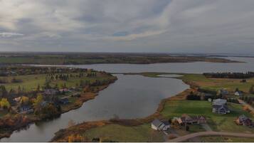 An aerial view of a lakeside community with houses, roads, and a large body of water.