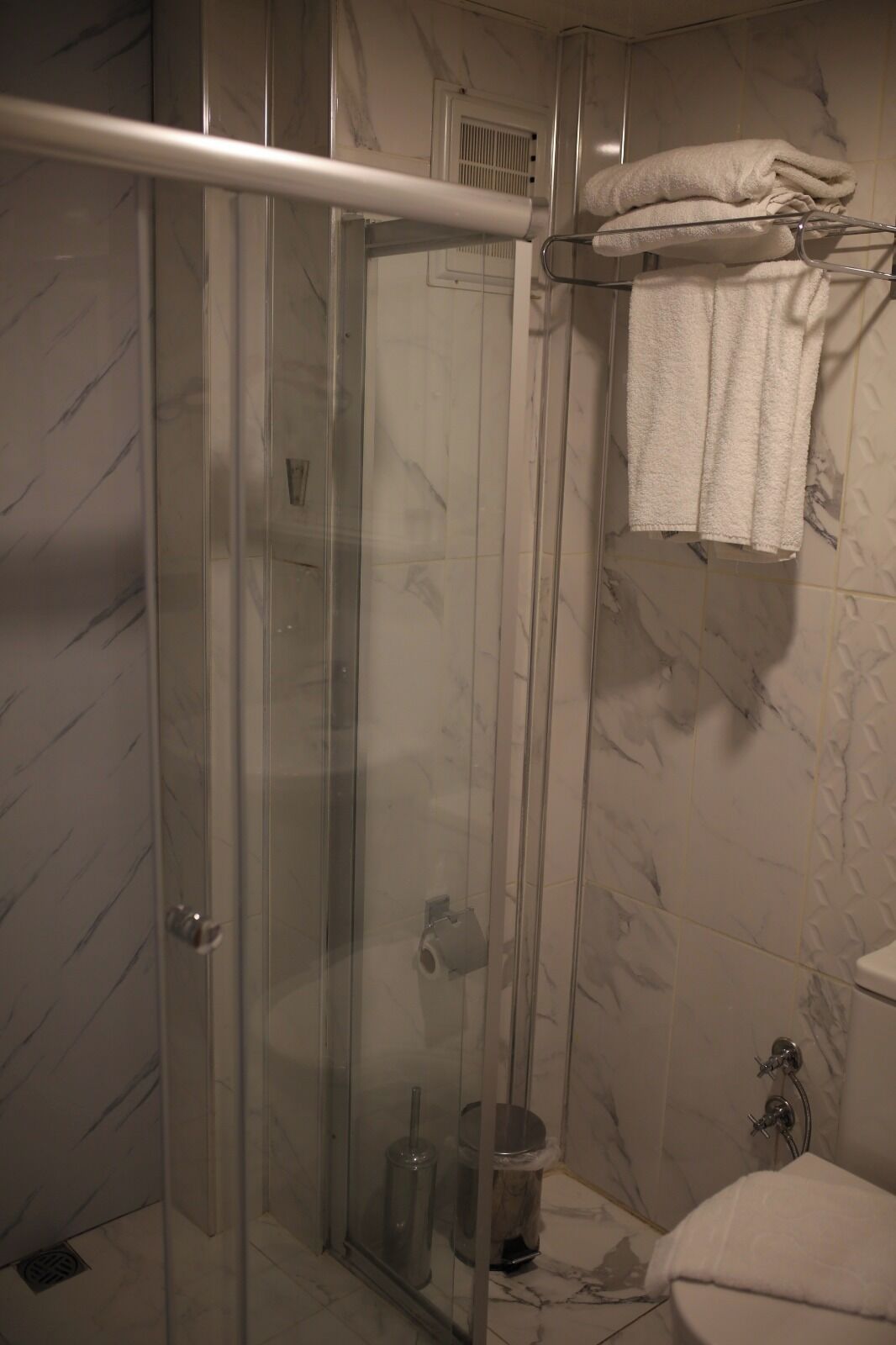 A bathroom with a glass-enclosed shower, a toilet, and a towel rack with folded towels.