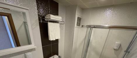 Un baño con ducha envuelta en vidrio, un lavamanos, un inodoro y un perchero para toallas.