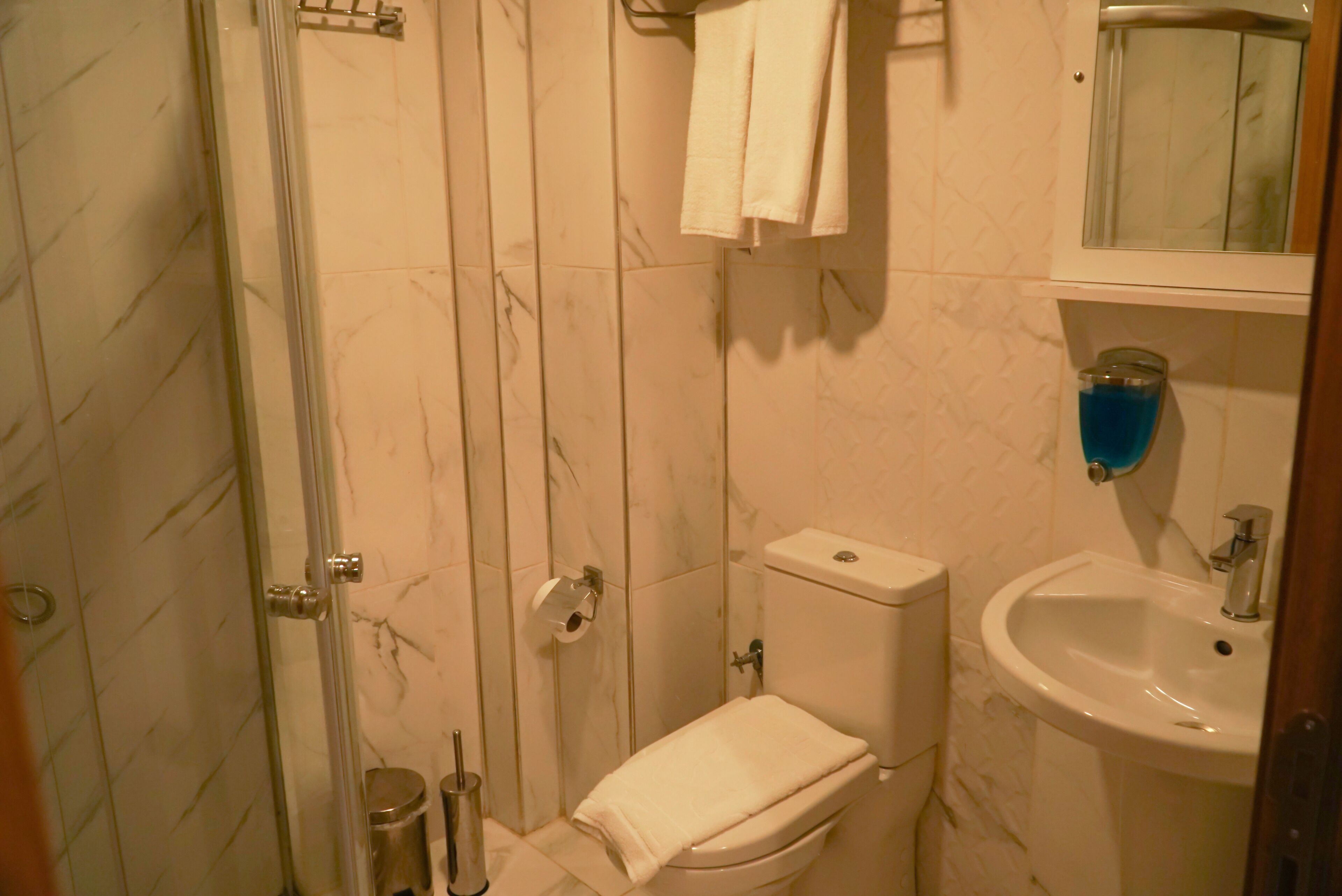 A bathroom with a toilet, sink, and shower.