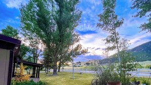 Um gramado com um deck de madeira, cerca de metal e uma árvore grande.
