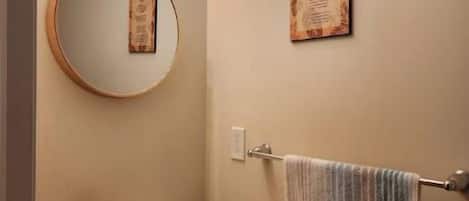 Hair dryer, towels, soap, toilet paper