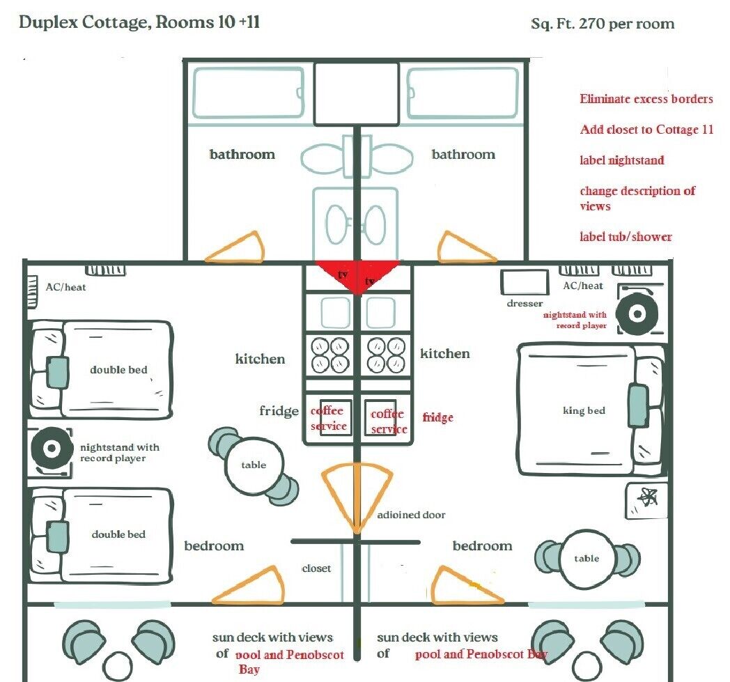 A floor plan of Duplex Cottage, Rooms 10+11, with 270 sq. ft. per room. It includes two bathrooms, two kitchens, a dining area, a living room, and bedrooms.