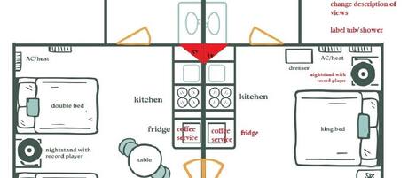A floor plan of Duplex Cottage, Rooms 10+11, with 270 sq. ft. per room. It includes two bathrooms, two kitchens, a dining area, a living room, and bedrooms.