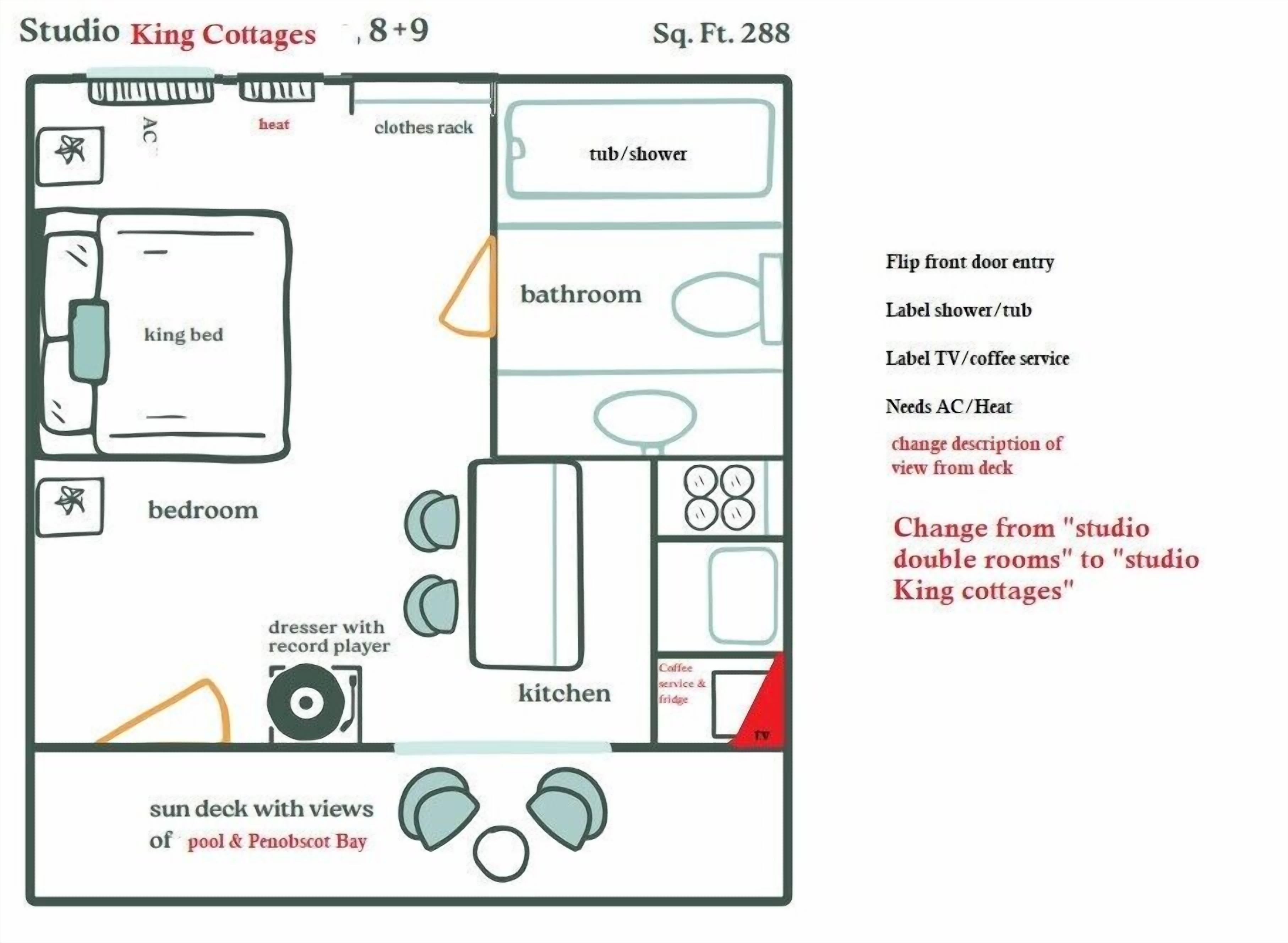 Plano de planta de los Cabañas King Studio, 8+9, superficie de 268 pies cuadrados, con una cama tamaño king, baño, cocina y una terraza con vistas a la piscina y la Bahía Penobscot.